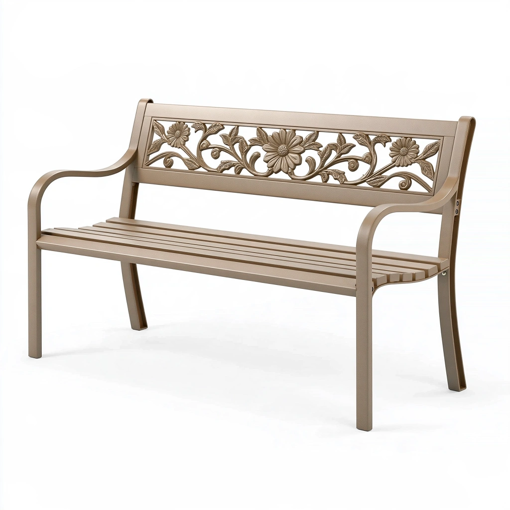 Gartenbank 150 x 60 x 90 cm Metall Beige mit Blumenrelief für Terrasse im Landhausstil