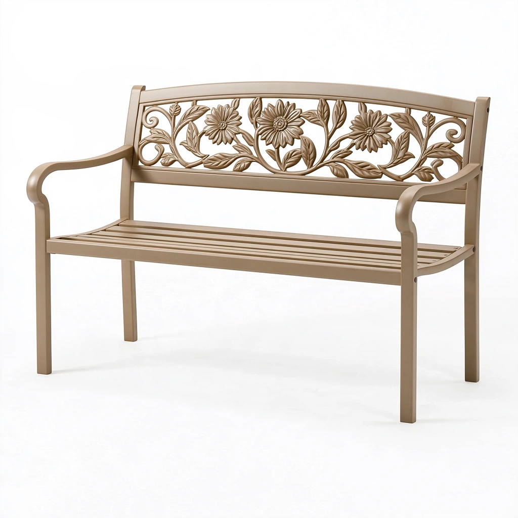 Gartenbank 120 x 60 x 90 cm aus Metall in Beige mit floralem Rückenlehnenmuster